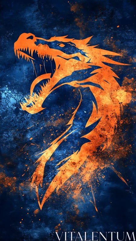 Fiery orange dragon silhouette roars against deep blue void