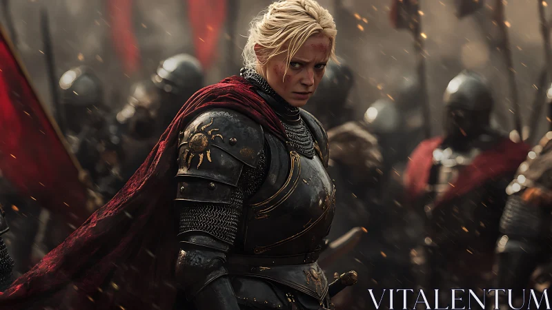 Armored female commander stands before blurred medieval troops