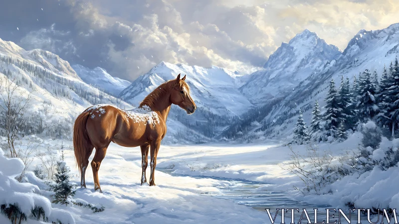 Chestnut horse standing in sunlit snowy mountain valley.