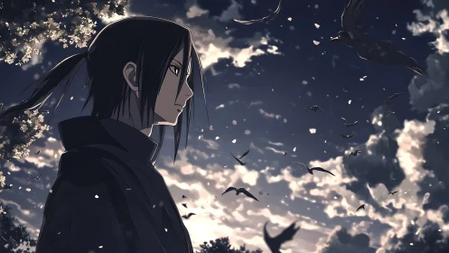 Side profile of anime figure under clouded evening sky.