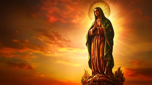 Religious statue silhouette against radiant sunset sky.