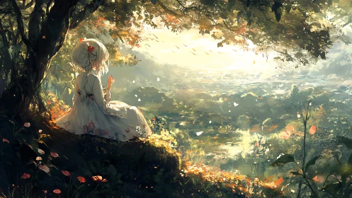 Girl in floral dress watches golden valley sunrise from hill