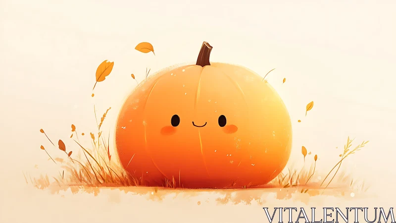 Soft-lit kawaii pumpkin illustration with autumn grass details
