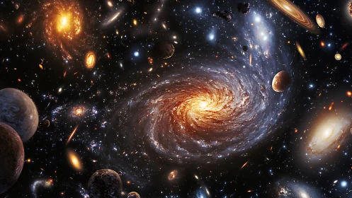 Spiral galaxy field with planets and stellar objects depicted.