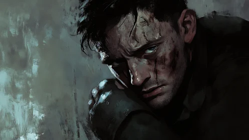 Wounded man resting against arm in muted digital portrait.