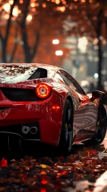 Red supercar rear view in glossy autumn city light.