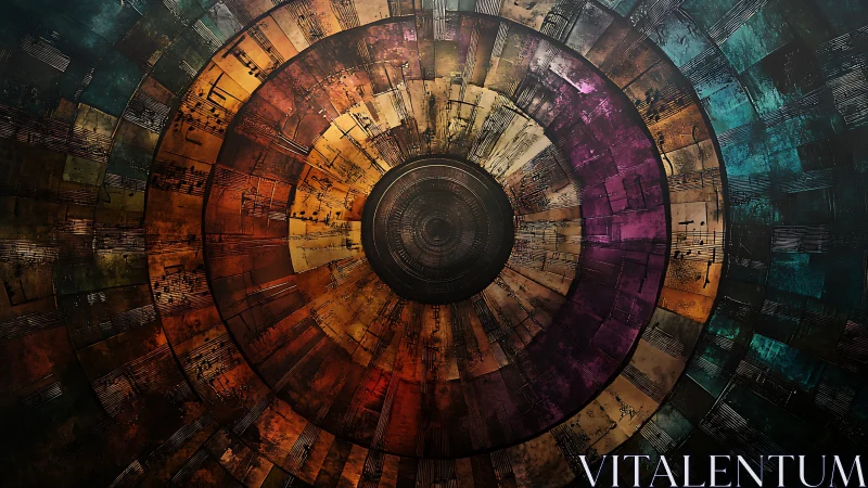 Concentric circular mosaic displays multicolored musical notation