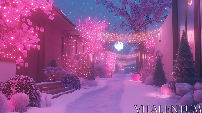 Moonlit pink winter lane glows softly with twinkling lights