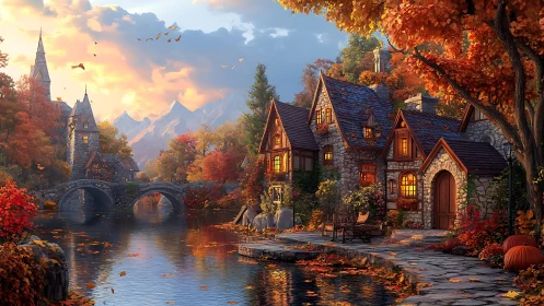 Stone riverfront cottages in autumnal valley landscape scene.