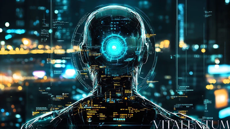 Backlit cybernetic humanoid with luminous neural core interface.