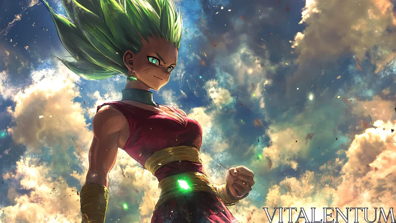 Green-haired anime fighter in sky-lit cloud backdrop.