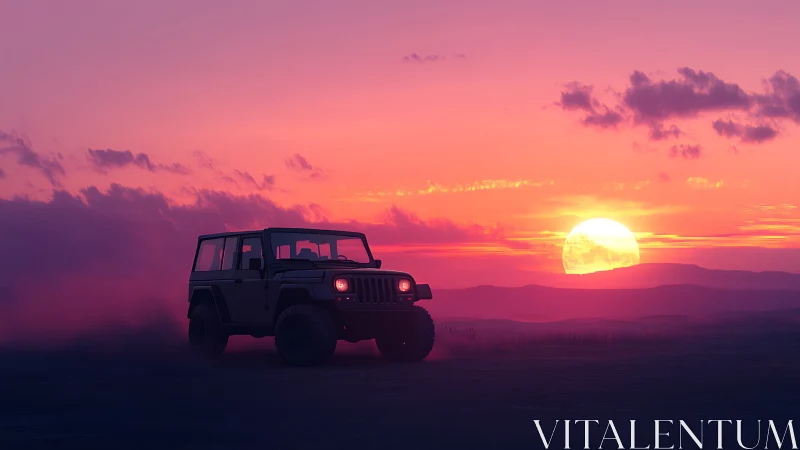 Sunset adventure jeep rolls through glowing desert dusk
