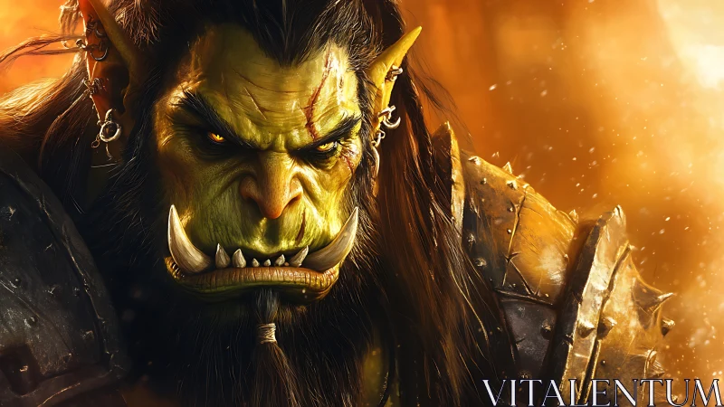 Battle-scarred orc warlord under molten backlight portrait.