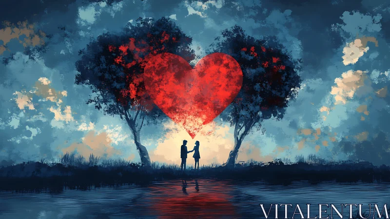 Two figures stand beneath a red heart-shaped canopy with trees.