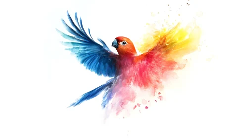Color-splashed parrot bursts into flight in watercolor bloom.