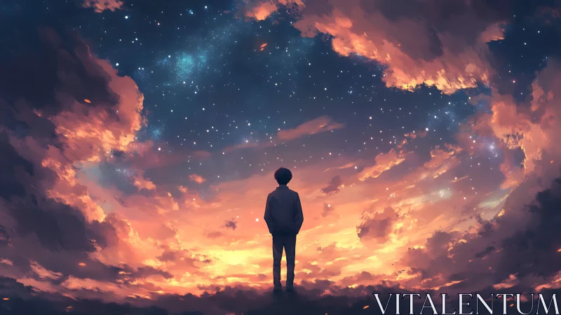 Solitary figure under starfield and illuminated clouds.
