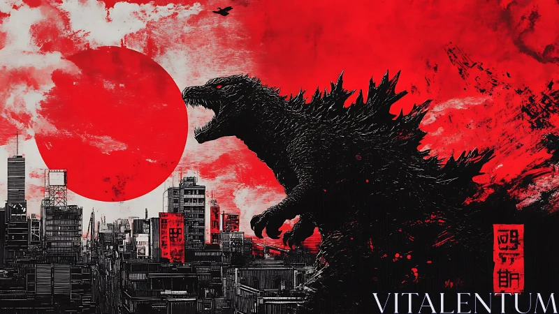Godzilla silhouette over red sun and dense cityscape.
