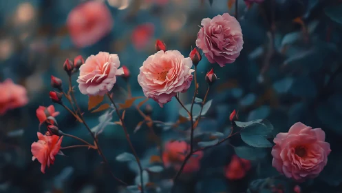 Pink garden roses with deep teal foliage background.