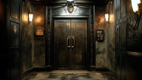 Dimly lit metal elevator doors in dark narrow hallway.