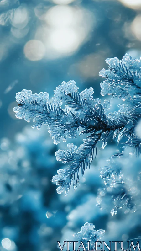 Frozen pine needles capture crystalline winter detail.