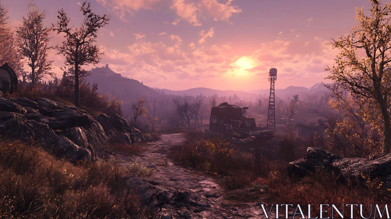 Desolate sunset valley with rusted outpost and water tower
