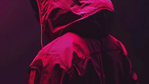 Crimson hooded figure in dramatic magenta rim lighting profile.