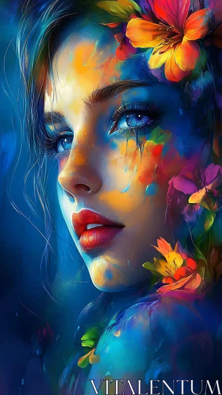 Vivid portrait blends female profile with luminous floral aura