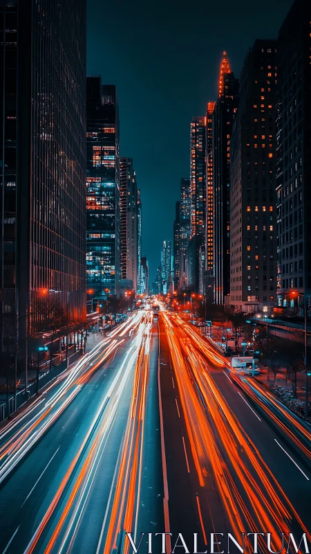 Neon city highway with red light trails at nightscape.