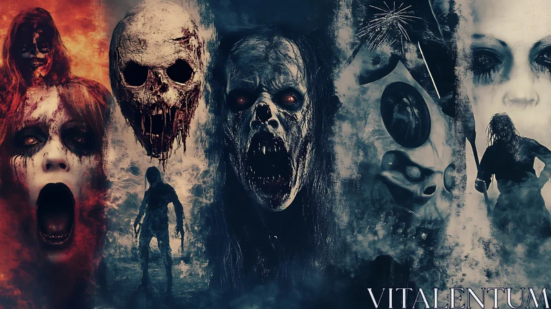 Grotesque undead portraits merge with skulls in infernal mist