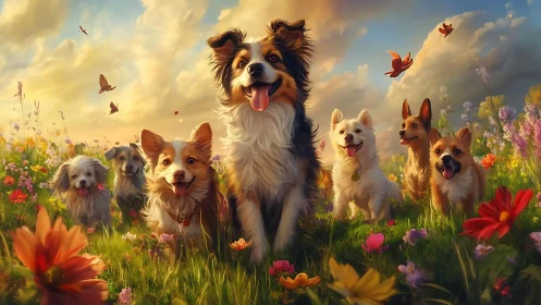 Sunlit dog parade romps through a wildflower dream meadow.