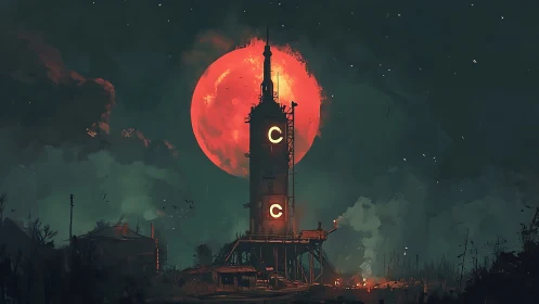 Rocket tower stands before red supermoon in smoky night sky