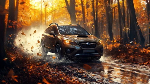 Crossover vehicle driving through wet forest road in autumn.