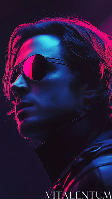 Neon-lit portrait of a cool man in sunglasses exudes mystery