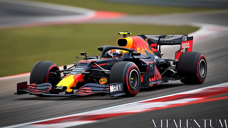 Formula 1 race car slices high-speed apex on circuit.