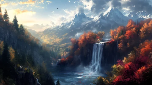 Waterfall carves silver thunder beneath autumn mountains