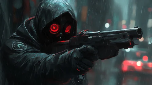 Red-eyed urban sentinel holds a weapon under neon rain