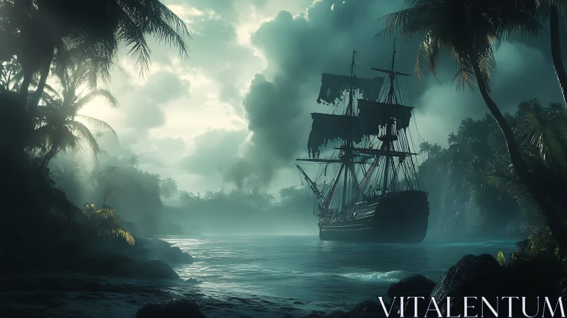 Phantom Ship Emerges Through Misty Island Waters.