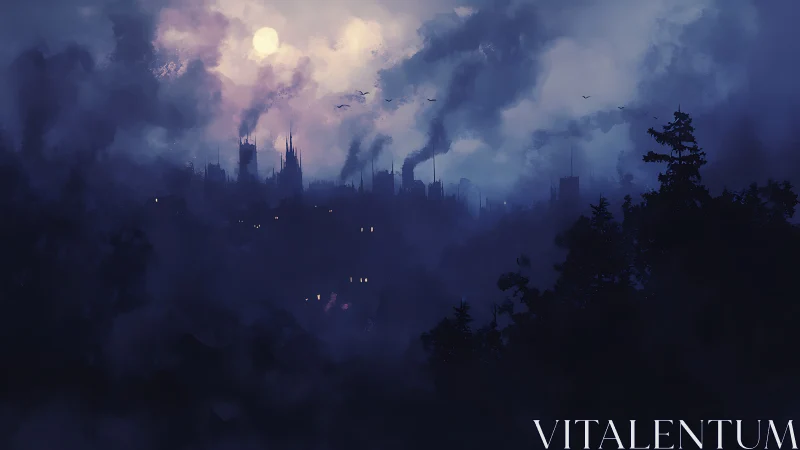 Dark industrial city skyline under smoky moonlit sky.