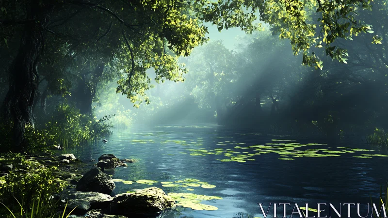 Gentle forest river drifts beneath soft sunlit branches