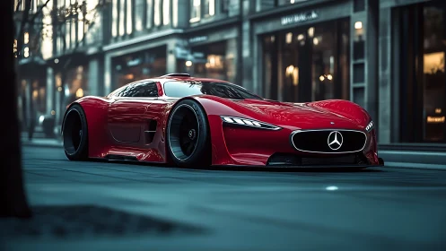Red Mercedes concept supercar parked on modern city street