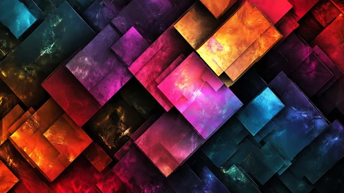 Vibrant geometric abstract art with glowing colored rectangles.