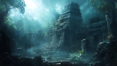 Volumetric-lit jungle temple ruins in atmospheric decay.