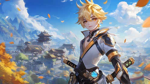 Golden-haired anime swordsman above autumn valley city.