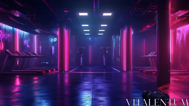 Neon-lit futuristic gym interior with treadmills and columns.
