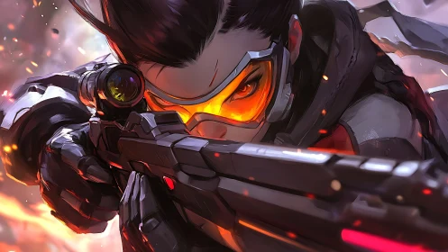 Dynamic cyber sniper portrait in kinetic digital painting style.