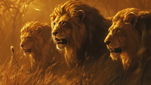 Three male lions standing in savanna grassland during golden hour.