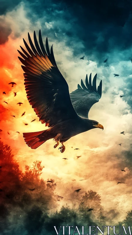 Eagle silhouette soaring over fiery twilight forest sky.