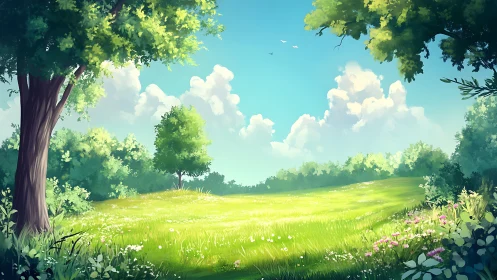 Sunlit grassy clearing bordered by trees and cloud cover.