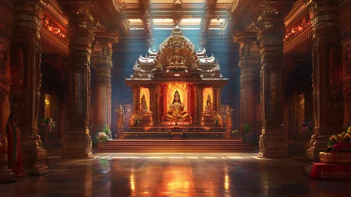 Golden temple sanctum shows luminous deity under skylight