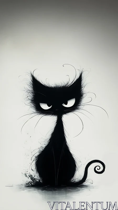 Expressive Black Cat with Contemplative Eyes and Flowing Whiskers.